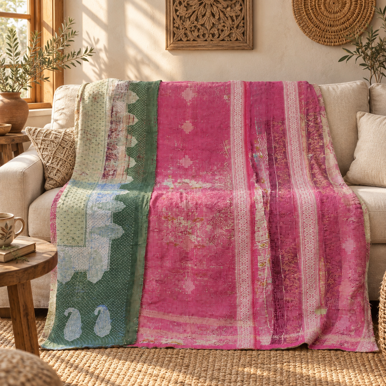 Vintage Pink & Green Kantha Quilt – Hand Stitched Cotton Bedspread 60 x 90 Inches