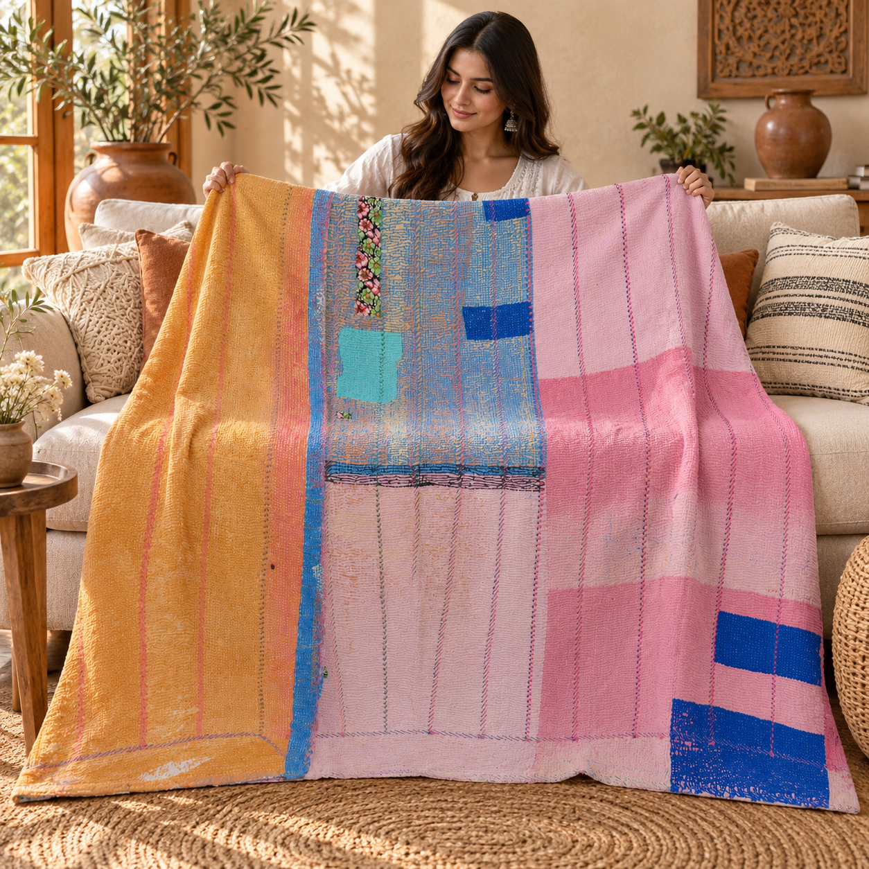 Pink & Mustard Yellow Vintage Kantha Quilt 60 x 90 Inches – Handmade Cotton Patchwork Bedspread - Image 3
