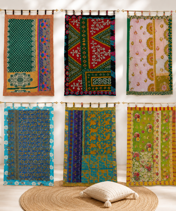 Alternative view of Multicolor Vintage Kantha Curtain – Handmade Recycled Cotton Patchwork Boho Window Door Curtain – 1 Pc