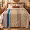 Vintage Kantha Quilt 60x90 Inches – Beige Cream Blue Hand Stitched Cotton Bedspread - Image 2