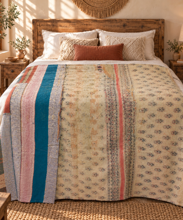 Alternative view of Vintage Kantha Quilt 60x90 Inches – Beige Cream Blue Hand Stitched Cotton Bedspread