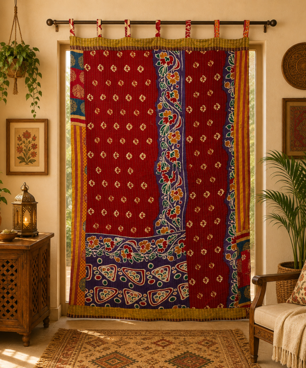 Alternative view of Red Vintage Kantha Curtain – Handmade Cotton Patchwork Boho Indian Window Door Curtain – 1 Pc
