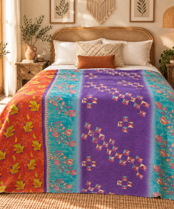 Alternative view of Vintage Handmade Kantha Quilt – Purple Turquoise Orange Recycled Sari Cotton Bedspread, Boho Indian Throw