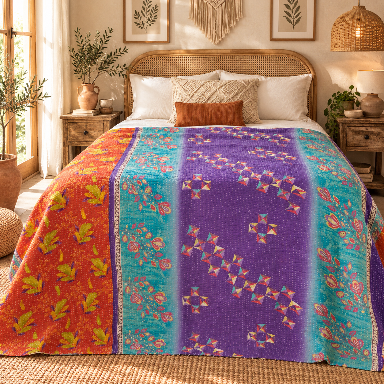Vintage Handmade Kantha Quilt – Purple Turquoise Orange Recycled Sari Cotton Bedspread, Boho Indian Throw - Image 2