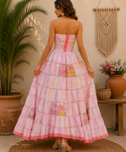 Alternative view of Pink Floral Patchwork Maxi Dress – Strapless Smocked Tiered Boho Summer Dress, High Low Festival Dress