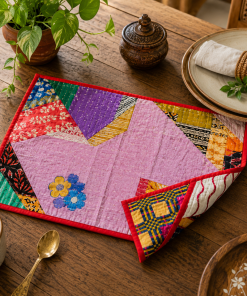 Alternative view of 5 Pcs Vintage Kantha Quilted Placemats 13x18 Inches – Recycled Cotton Patchwork Table Mats, Handmade Boho Dining Decor