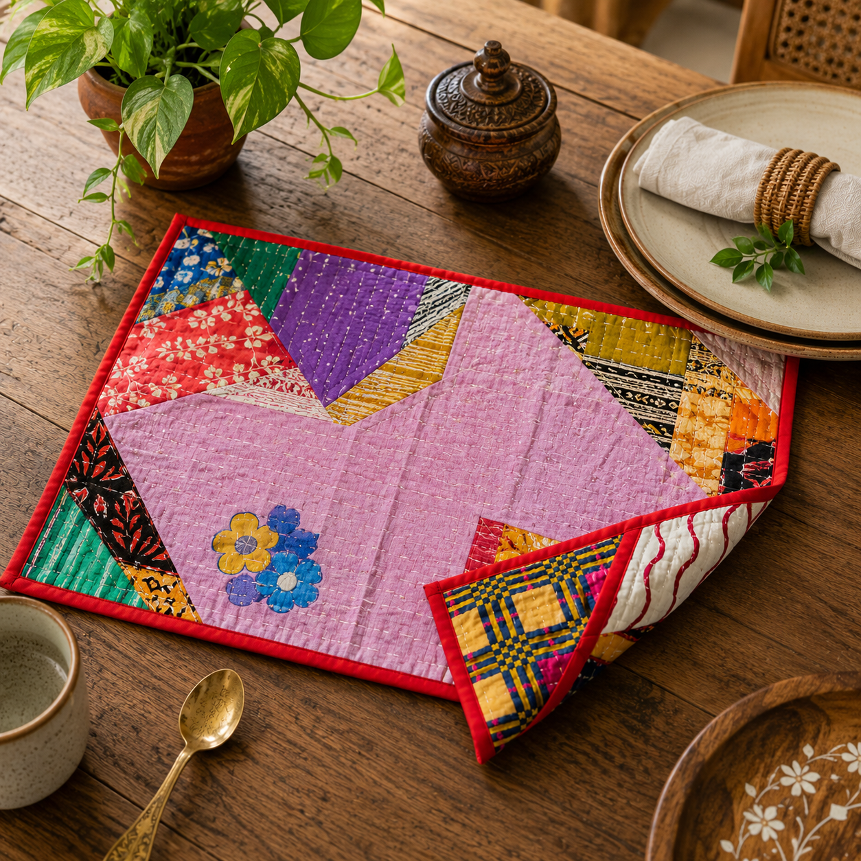 5 Pcs Vintage Kantha Quilted Placemats 13x18 Inches – Recycled Cotton Patchwork Table Mats, Handmade Boho Dining Decor - Image 4
