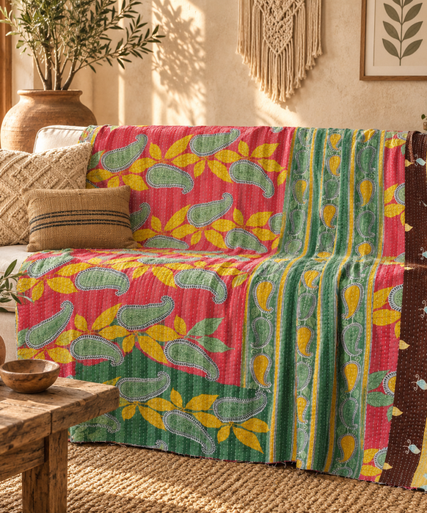 Vintage Handmade Kantha Quilt – Red & Green Paisley Recycled Cotton Quilt, Indian Boho Bedspread, Sofa Throw Blanket