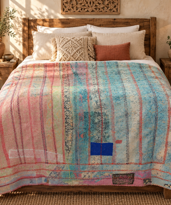 Alternative view of Vintage Pastel Blue Pink Kantha Quilt 60x90 Inches – Hand Stitched Cotton Boho Bedspread Throw