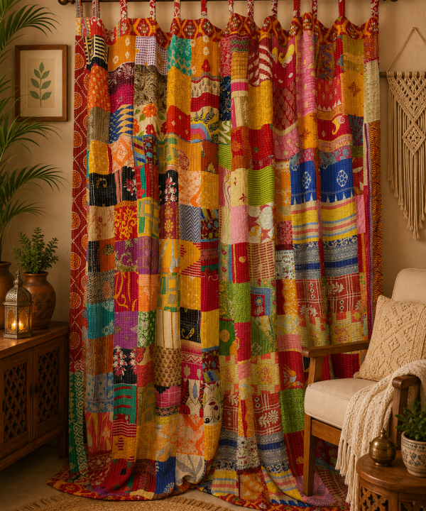 Vintage Kantha Patchwork Curtain – Handmade Multicolor Cotton Boho Window Door Curtain – 1 Pc