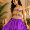 Purple Yellow & Beige Maxi Dress – Strapless Smocked Tiered Boho Printed Summer Dress - Image 6