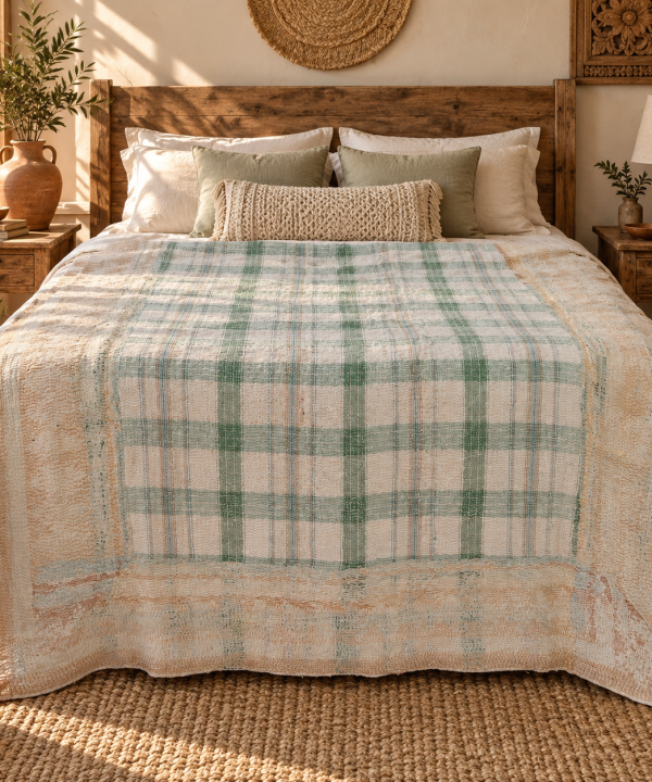Alternative view of Vintage Pastel Green Plaid Kantha Quilt – Hand Stitched Cotton Bedspread 60 x 90 Inches