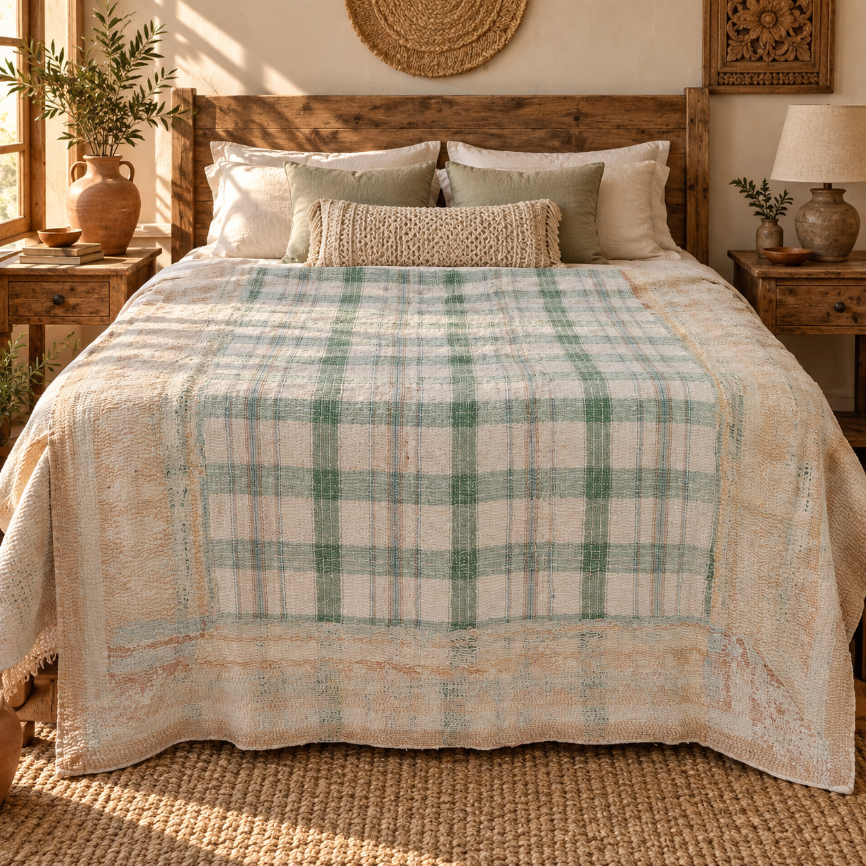 Vintage Pastel Green Plaid Kantha Quilt – Hand Stitched Cotton Bedspread 60 x 90 Inches - Image 2