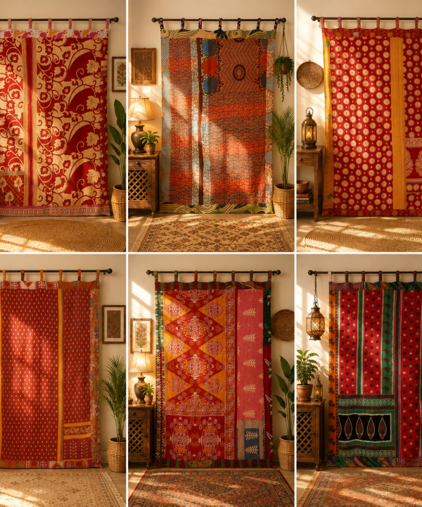 Red Vintage Kantha Curtain – Handmade Cotton Patchwork Boho Indian Window Door Curtain – 1 Pc