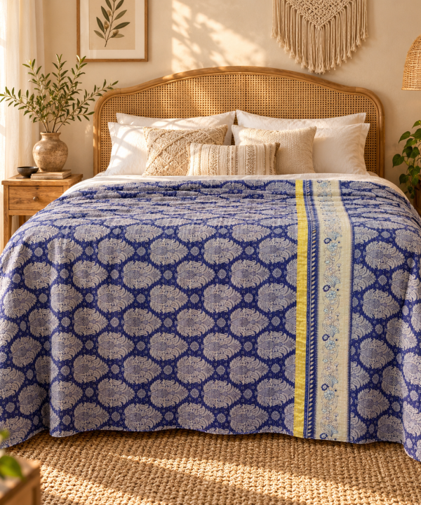 Alternative view of Vintage Handmade Kantha Quilt – Royal Blue & Cream Floral Recycled Cotton Bedspread, Indian Boho Sofa Throw