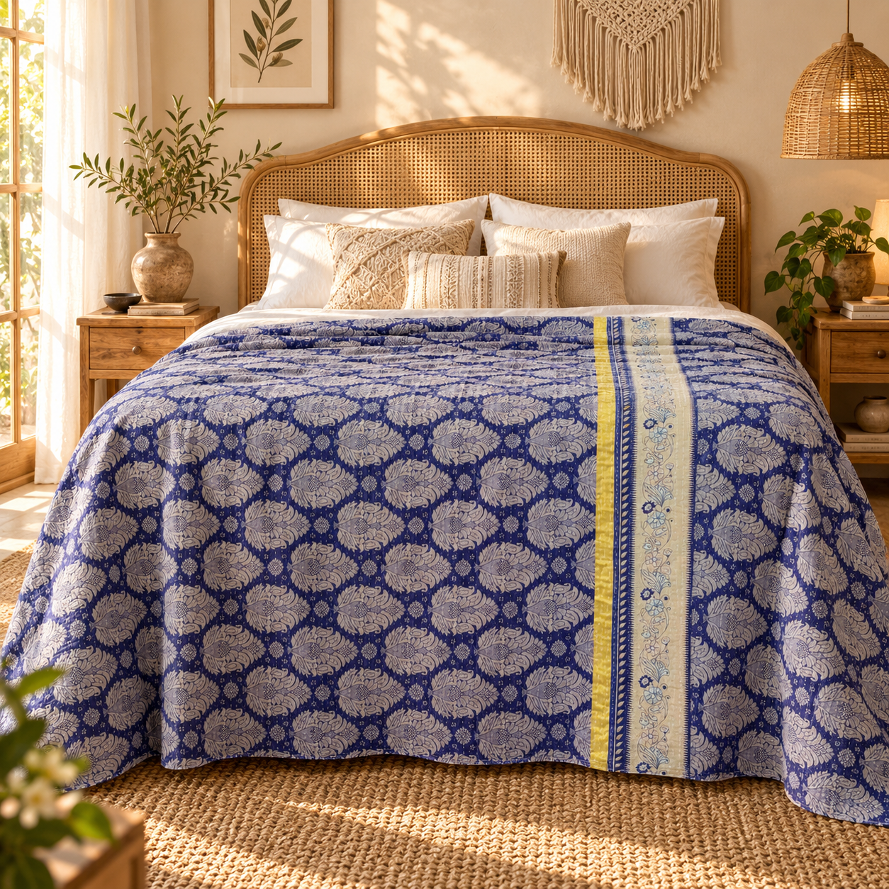 Vintage Handmade Kantha Quilt – Royal Blue & Cream Floral Recycled Cotton Bedspread, Indian Boho Sofa Throw - Image 2