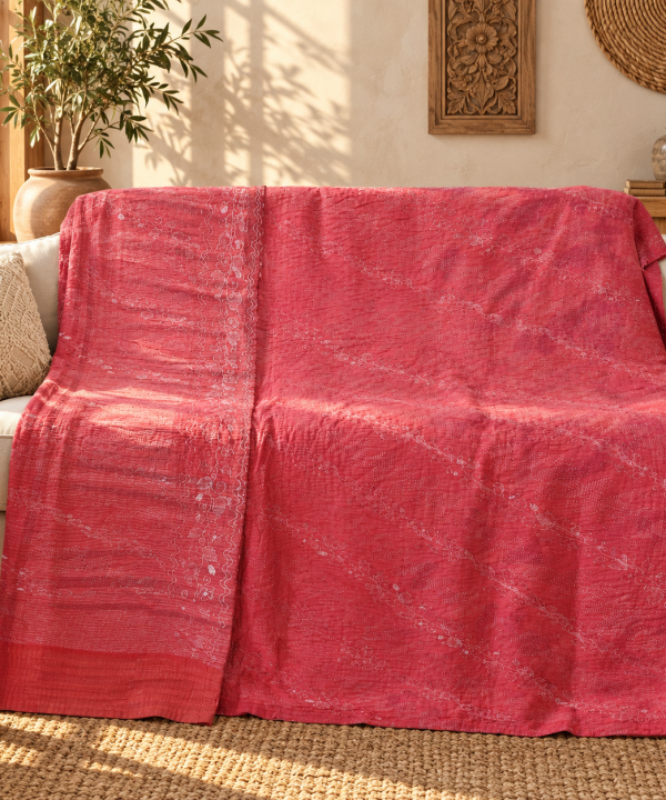 Vintage Red Kantha Quilt – Hand Stitched Floral Cotton Indian Bedspread 60 x 90 Inches