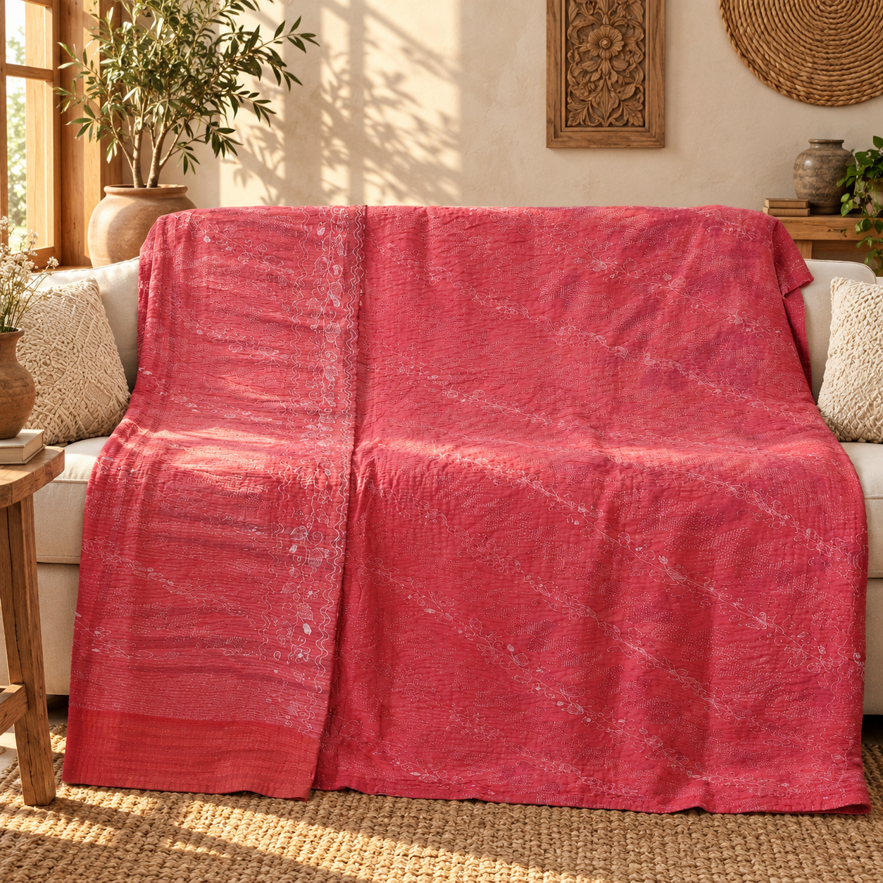 Vintage Red Kantha Quilt – Hand Stitched Floral Cotton Indian Bedspread 60 x 90 Inches