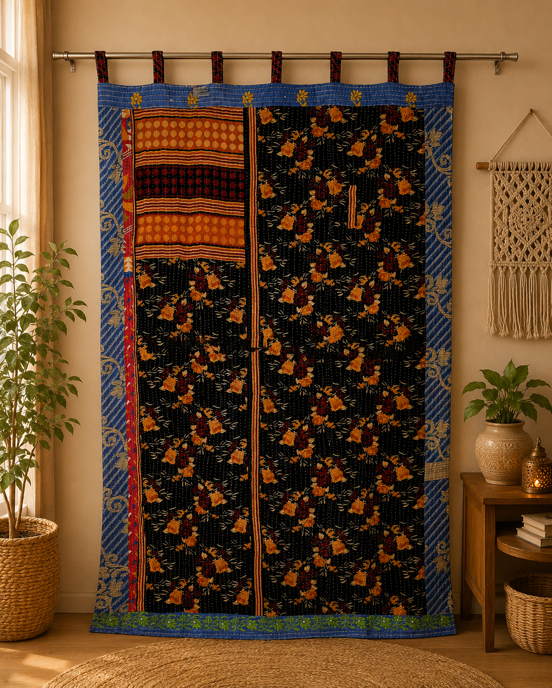 Black Vintage Kantha Curtain – Handmade Cotton Patchwork Boho Indian Window Door Curtain – 1 Pc - Image 3