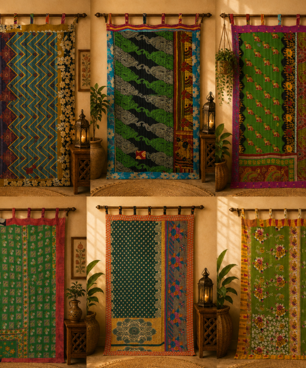 Green Vintage Kantha Curtain – Handmade Cotton Patchwork Boho Indian Window Door Curtain – 1 Pc