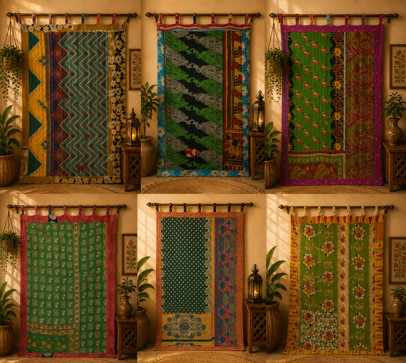Green Vintage Kantha Curtain – Handmade Cotton Patchwork Boho Indian Window Door Curtain – 1 Pc