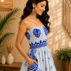 White & Royal Blue Floral Maxi Dress – Strapless Smocked Tiered Boho Summer Dress - Image 4