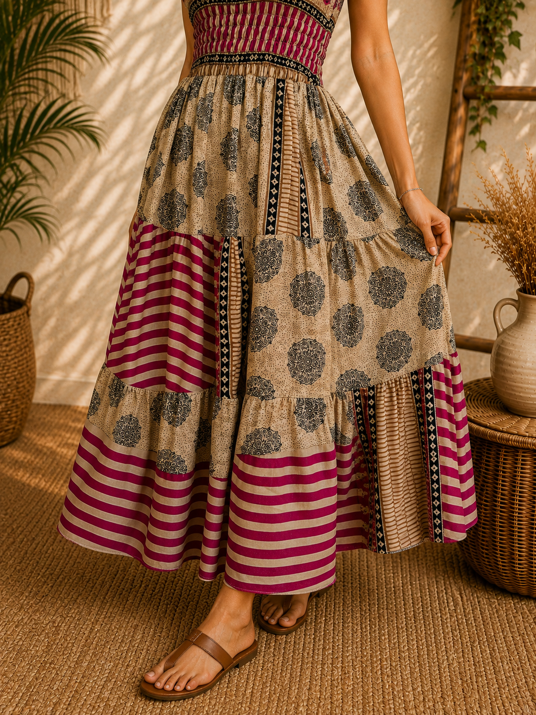 Beige Magenta & Black Patchwork Maxi Dress – Strapless Smocked Tiered Boho Printed Summer Dress - Image 6
