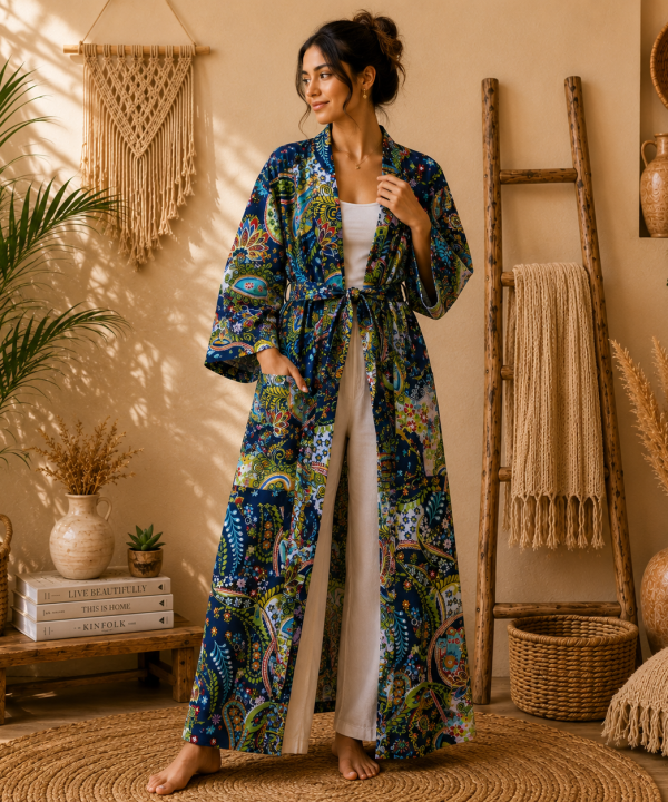 Navy Blue Paisley Print Cotton Long Kimono Robe for Women – Boho Free Size Maxi Kimono with Belt & Pockets