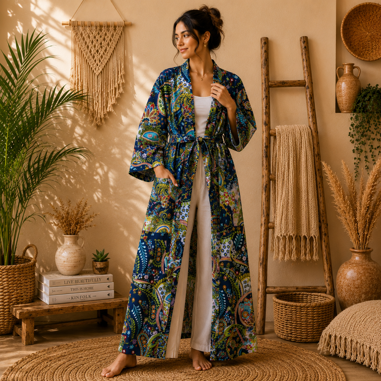 Navy Blue Paisley Print Cotton Long Kimono Robe for Women – Boho Free Size Maxi Kimono with Belt & Pockets