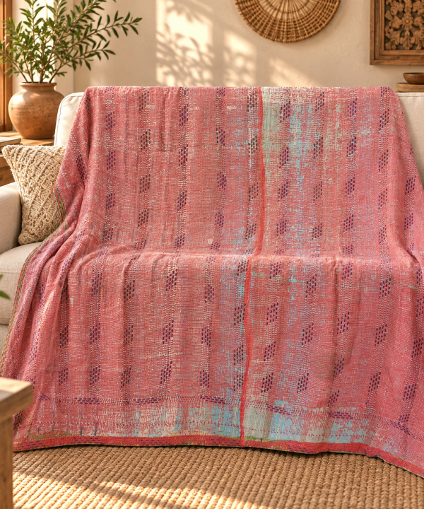 Vintage Kantha Quilt Coral Pink Cotton Throw – Handmade Indian Bedspread 60 x 90 Inches