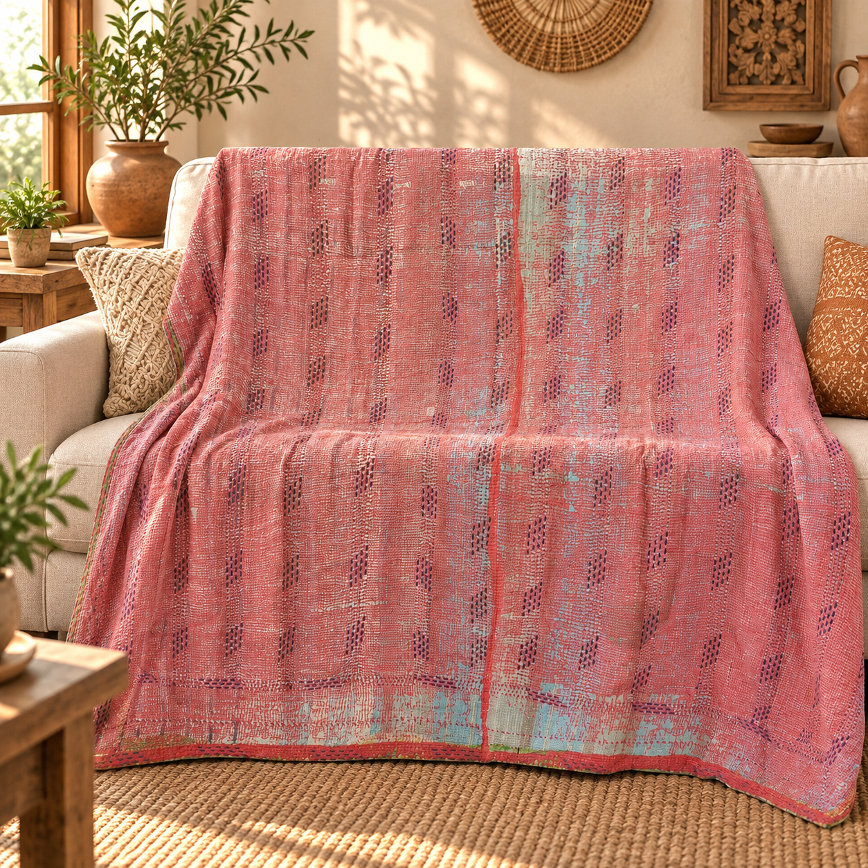 Vintage Kantha Quilt Coral Pink Cotton Throw – Handmade Indian Bedspread 60 x 90 Inches