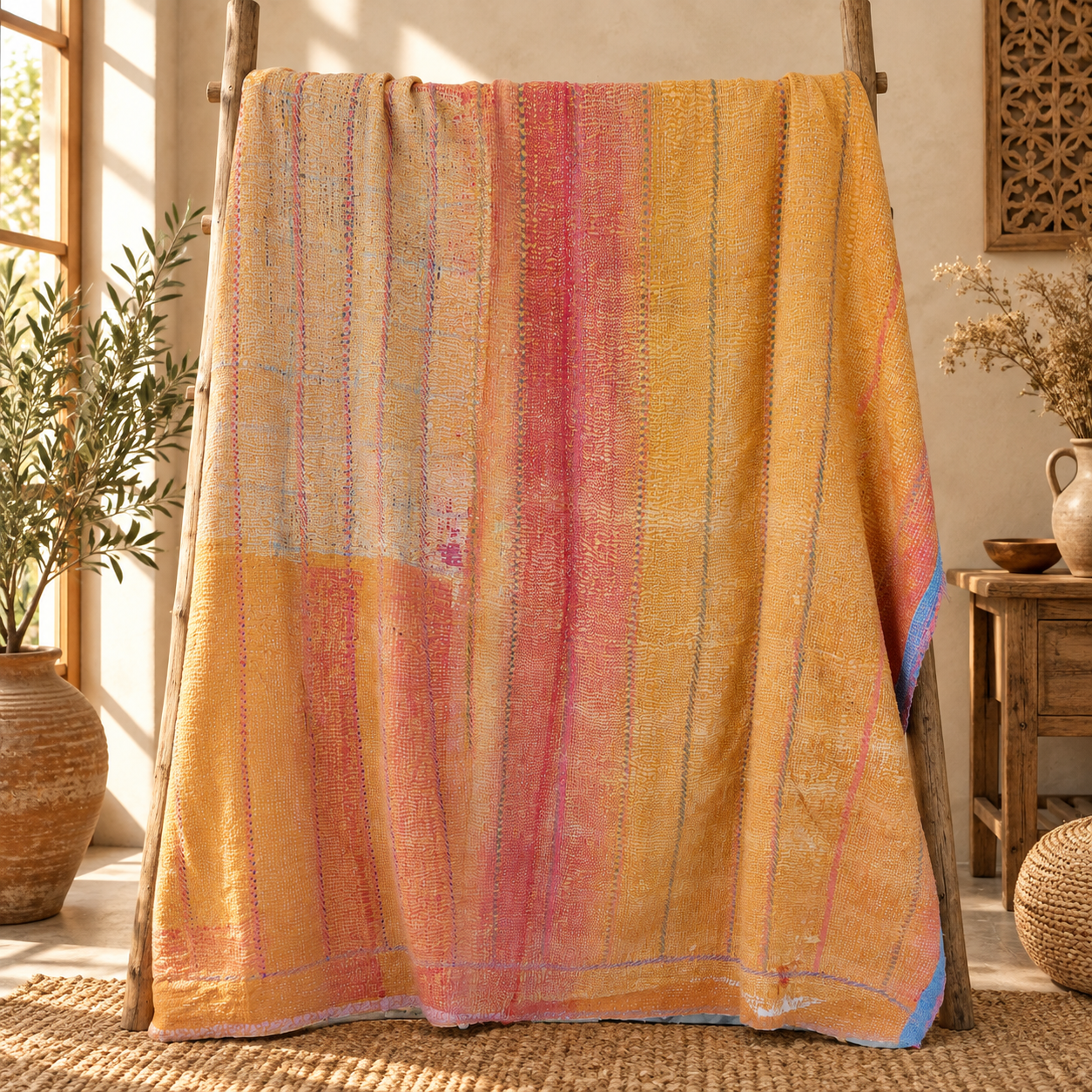 Pink & Mustard Yellow Vintage Kantha Quilt 60 x 90 Inches – Handmade Cotton Patchwork Bedspread - Image 5