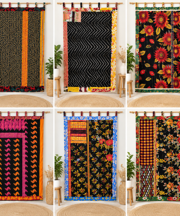 Black Vintage Kantha Curtain – Handmade Cotton Patchwork Boho Indian Window Door Curtain – 1 Pc