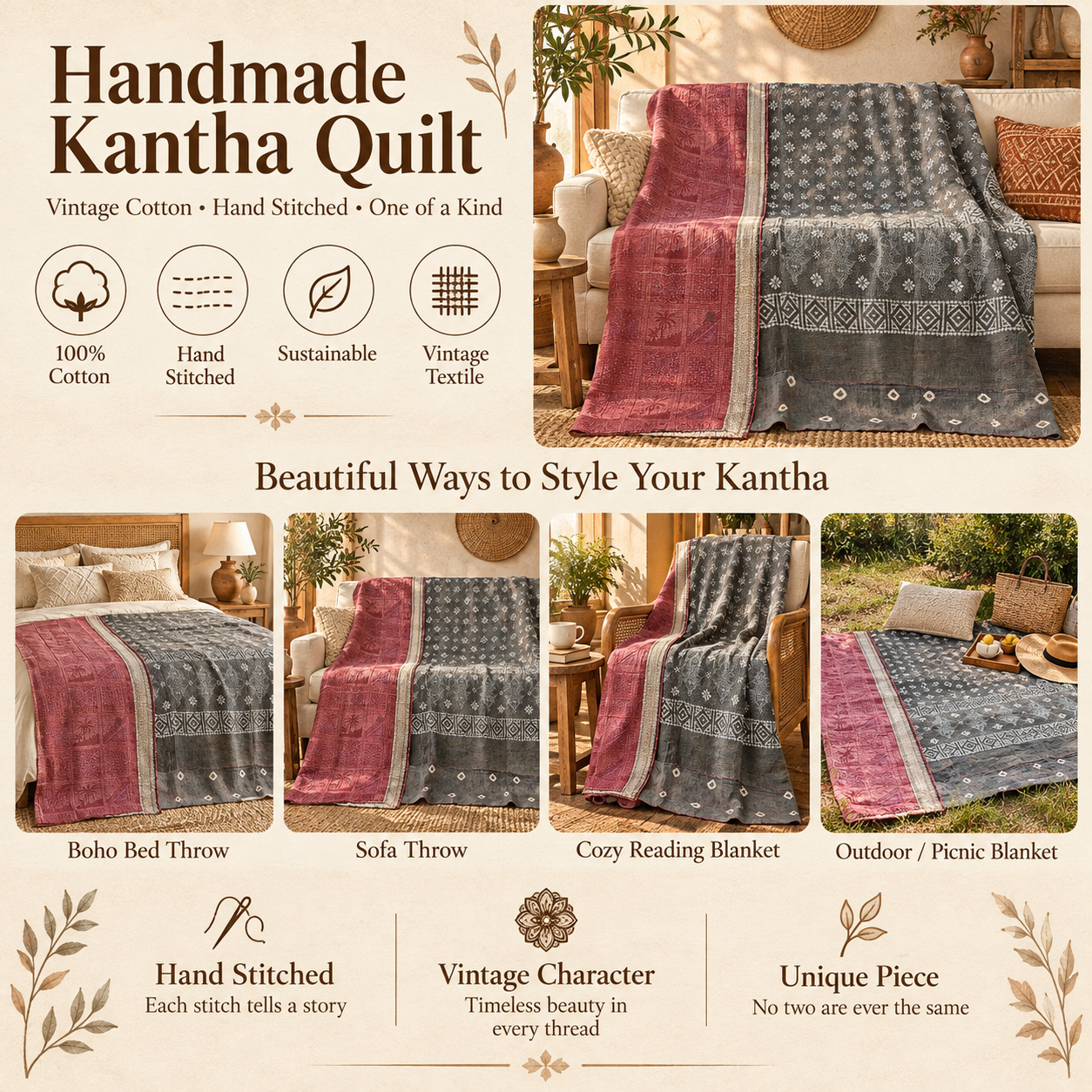 Charcoal Grey & Dusty Rose Vintage Kantha Quilt 60 x 90 Inches – Handmade Cotton Bedspread – One of a Kind - Image 4