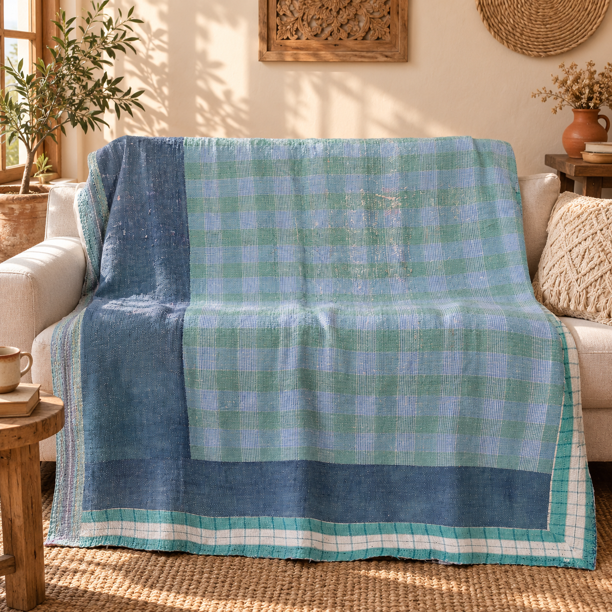 Vintage Blue Green Kantha Quilt 60x90 Inches – Hand Stitched Cotton Plaid Bedspread, Boho Throw Blanket
