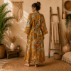 Burnt Orange Paisley Print Cotton Long Kimono Robe for Women – Boho Maxi Kimono, Free Size Belted Robe with Pockets - Image 2