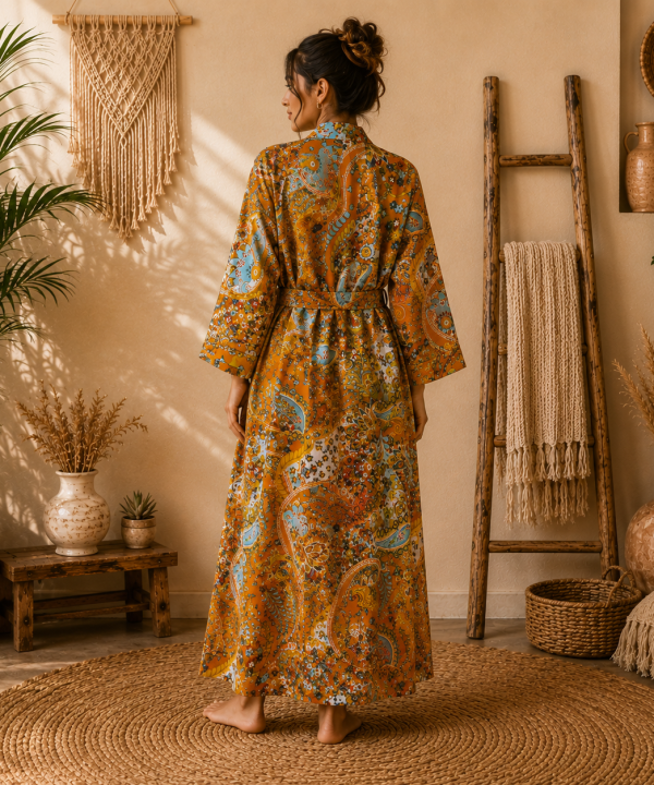 Alternative view of Burnt Orange Paisley Print Cotton Long Kimono Robe for Women – Boho Maxi Kimono, Free Size Belted Robe with Pockets