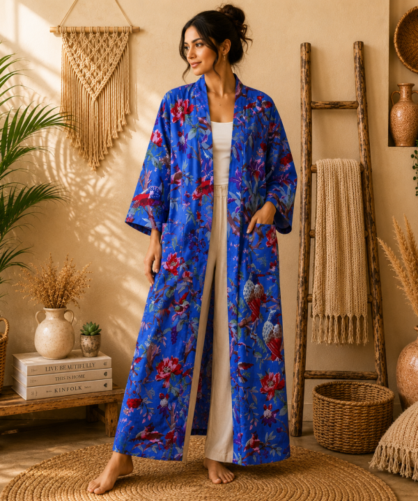 Royal Blue Floral Bird Print Cotton Long Kimono Robe for Women – Boho Maxi Kimono, Free Size with Pockets