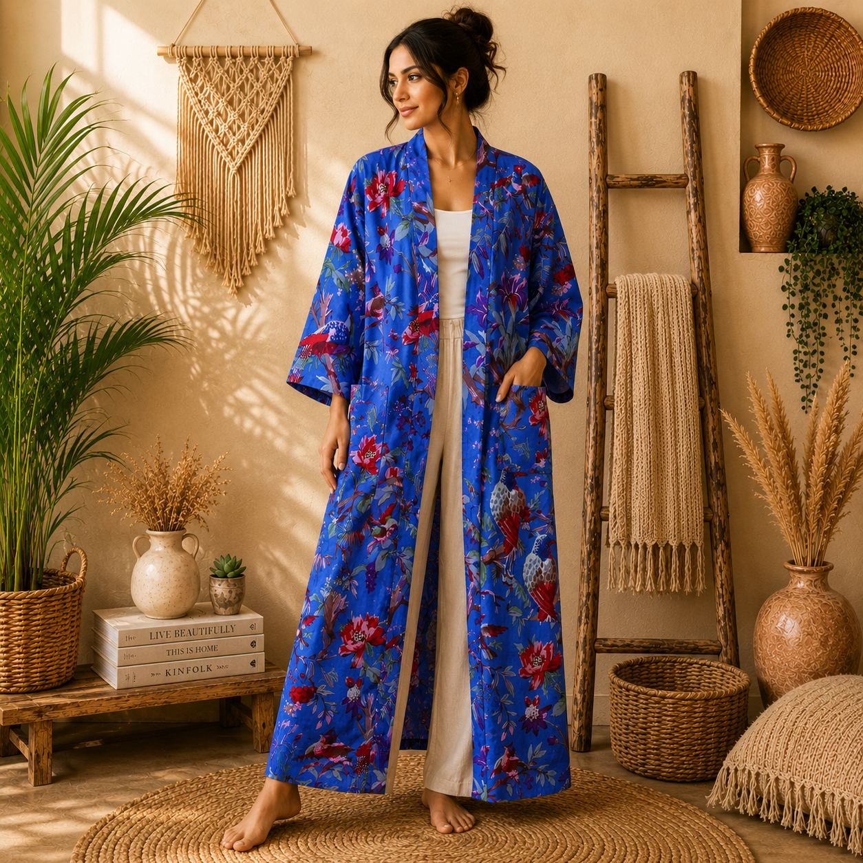 Royal Blue Floral Bird Print Cotton Long Kimono Robe for Women – Boho Maxi Kimono, Free Size with Pockets