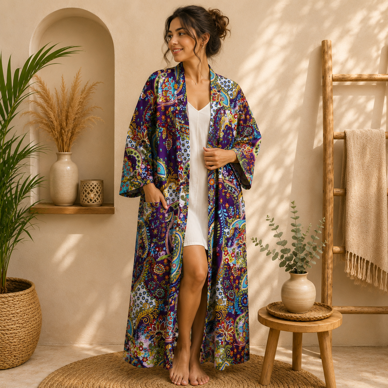 Purple Multicolor Floral Paisley Long Kimono Robe – Boho Printed Maxi Kimono Jacket for Women - Image 3