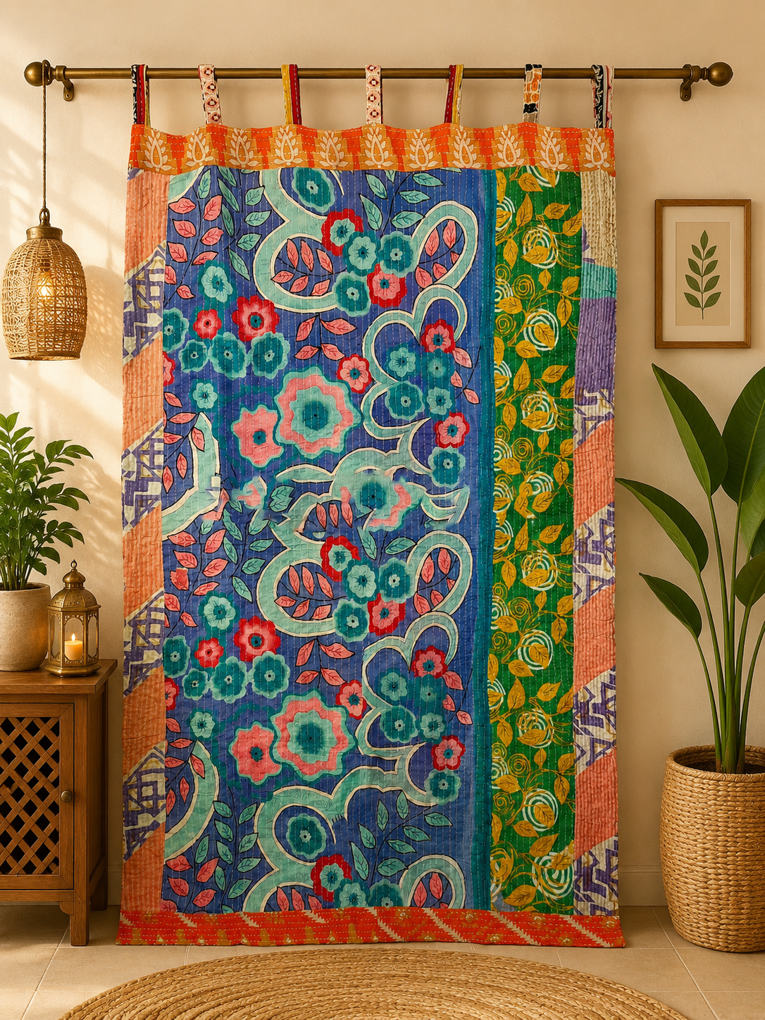 Blue Vintage Kantha Curtain – Handmade Cotton Patchwork Boho Indian Window Door Curtain – 1 Pc - Image 4