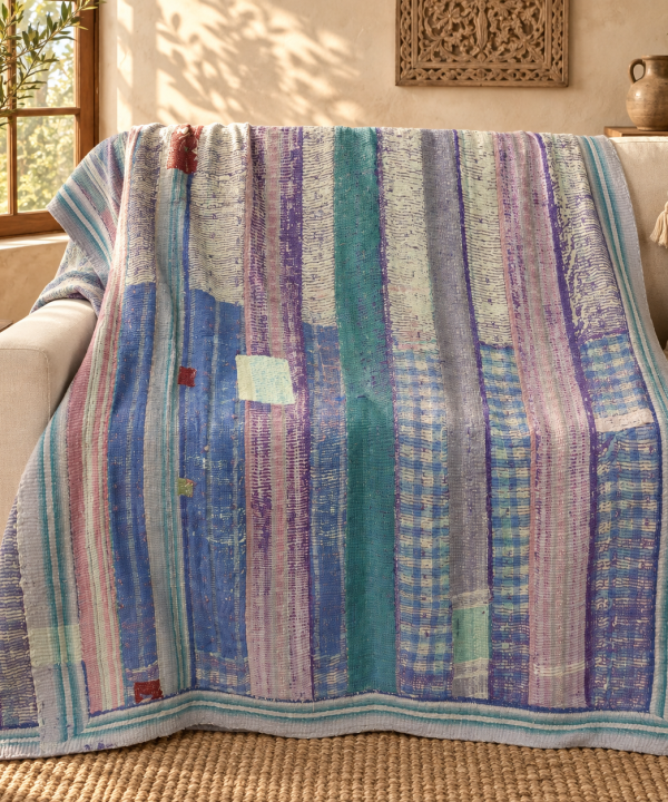 Vintage Blue Purple Kantha Quilt 60x90 Inches – Hand Stitched Cotton Boho Bedspread Throw