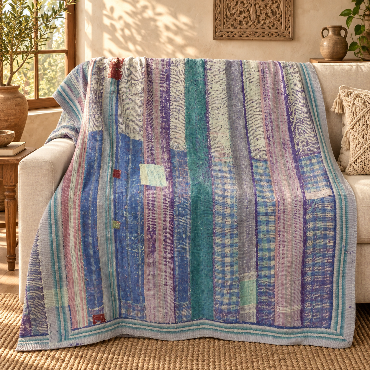 Vintage Blue Purple Kantha Quilt 60x90 Inches – Hand Stitched Cotton Boho Bedspread Throw