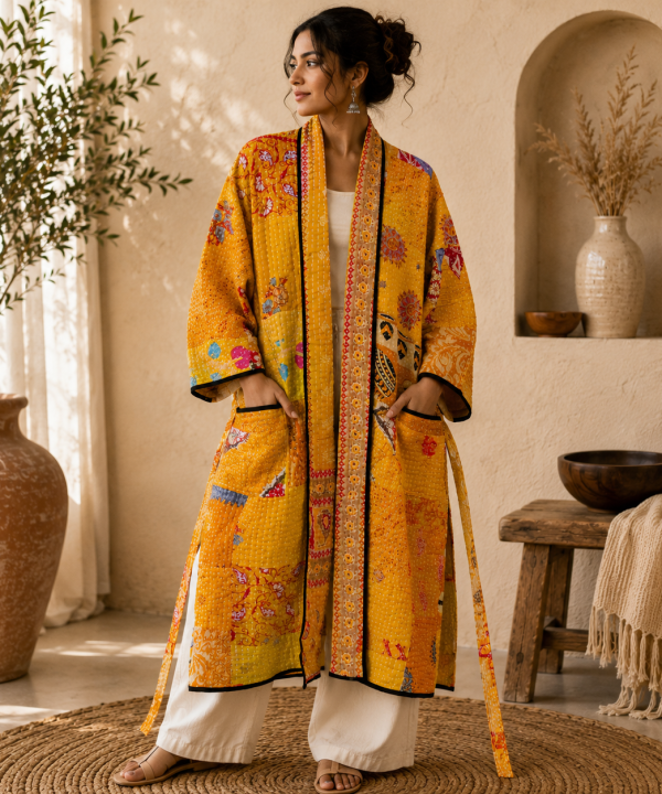 Mustard Yellow Multicolor Vintage Kantha Long Kimono Robe – Handmade Patchwork Cotton Boho Jacket