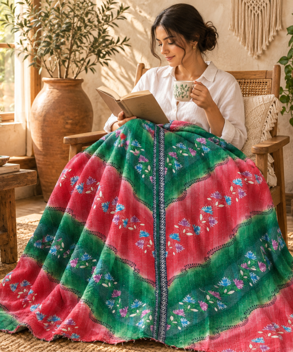 Alternative view of Vintage Handmade Kantha Quilt Green & Pink Floral Recycled Sari Cotton Boho Throw Blanket