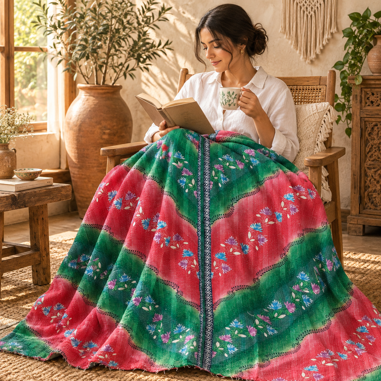 Vintage Handmade Kantha Quilt Green & Pink Floral Recycled Sari Cotton Boho Throw Blanket - Image 2