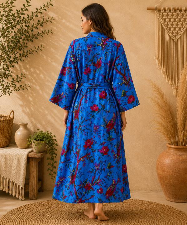 Alternative view of Royal Blue Floral Print Long Kimono Robe for Women – Boho Bird Print Maxi Dressing Gown, Belted Free Size Kimono
