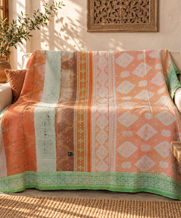 Vintage Kantha Quilt Peach Orange Green Cotton Throw – Handmade Indian Bedspread 60 x 90 Inches