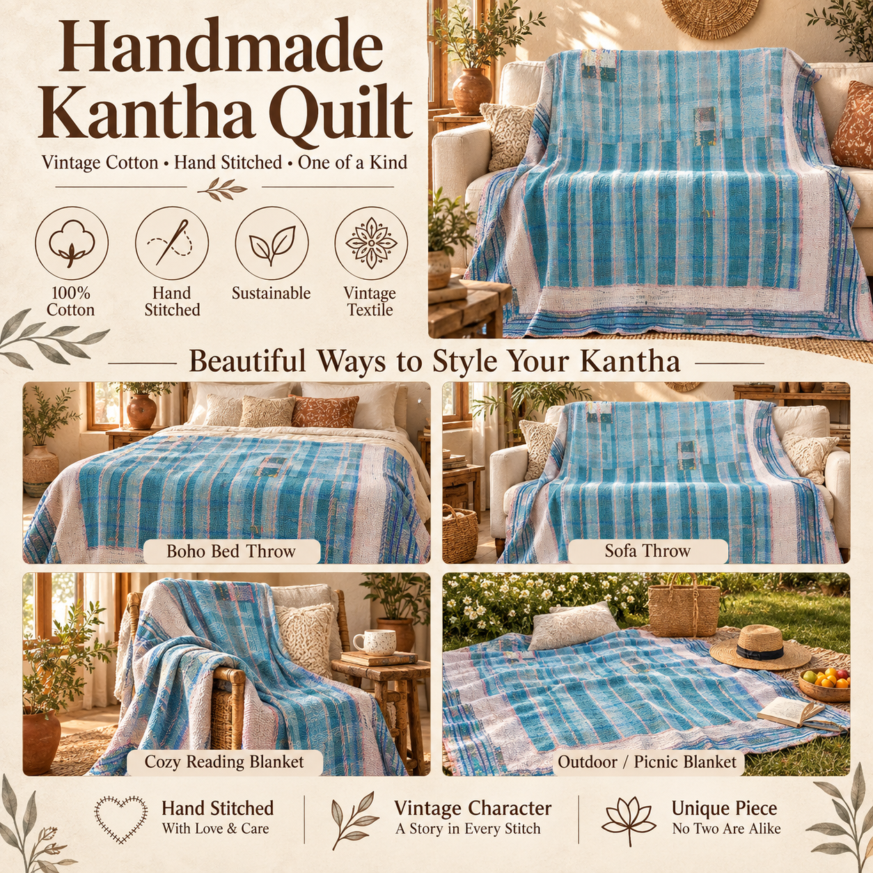 Vintage Blue Kantha Quilt 60x90 Inches – Hand Stitched Cotton Boho Bedspread & Sofa Throw - Image 4