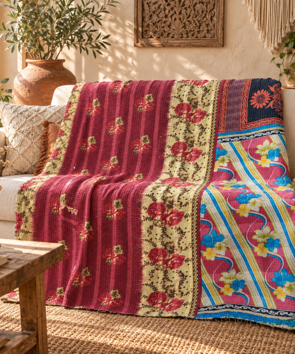 Vintage Handmade Kantha Quilt – Red / Burgundy Floral Recycled Sari Cotton Bedspread, Reversible Indian Bed Throw